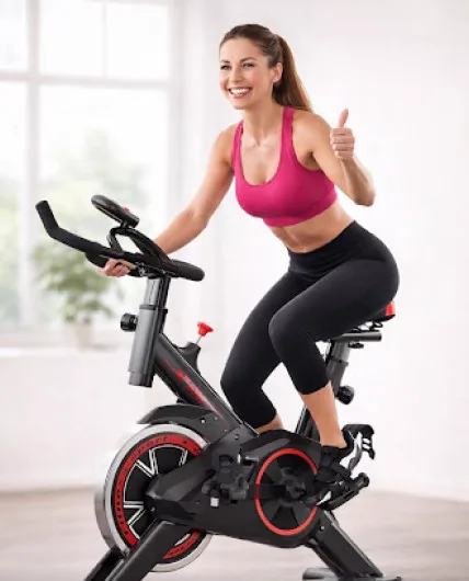Femme souriante pédalant sur le vélo VELOX à la maison
